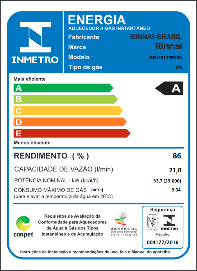 Etiqueta Nacional de Conservação de Energia (ENCE) do aquecedor REUE211FEHBN